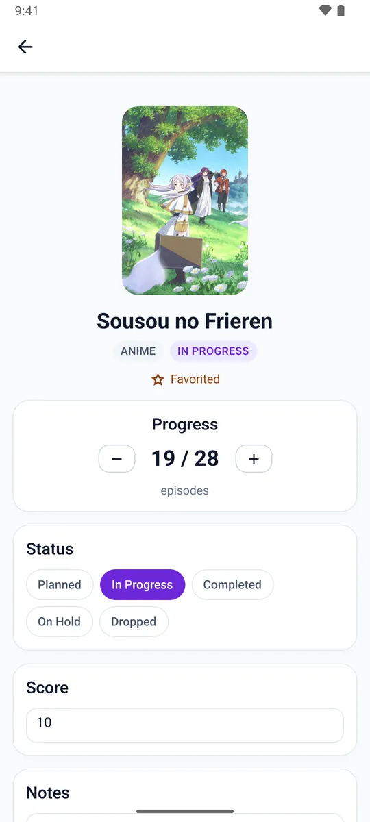 A title's page in Animania: cover, progress 19 of 28 episodes with minus and plus buttons, status, score and notes