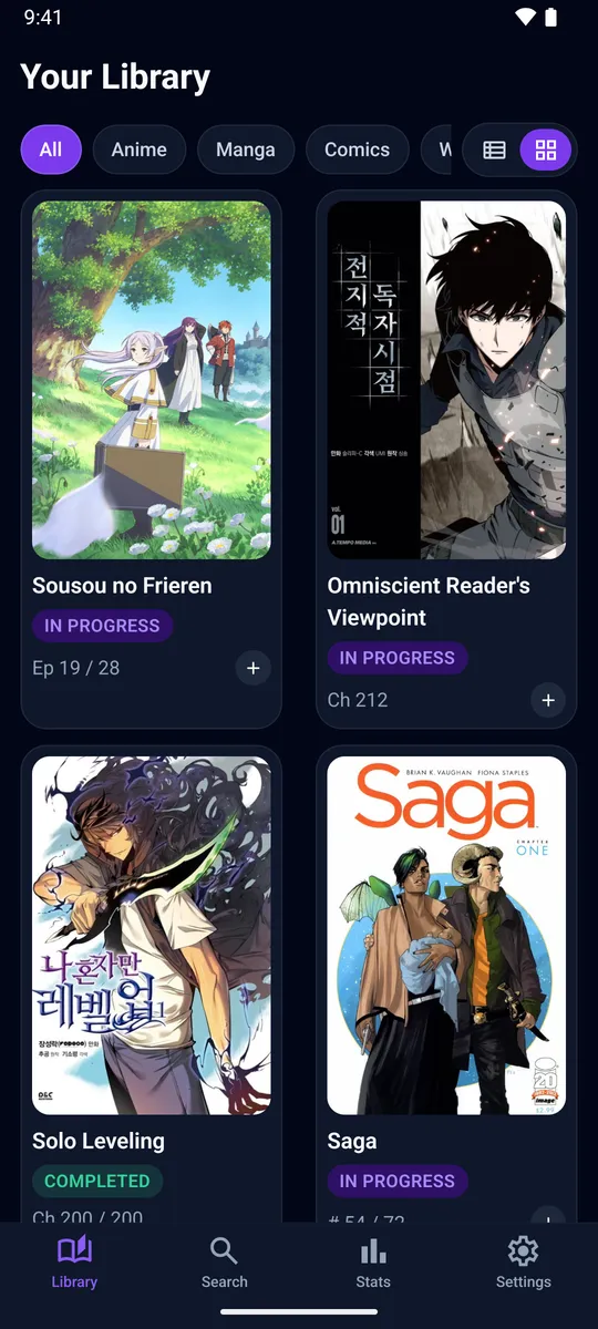 The library as a two-column grid of covers in dark mode