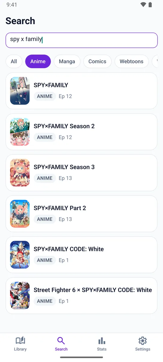 Search results for Spy x Family with cover art and episode counts